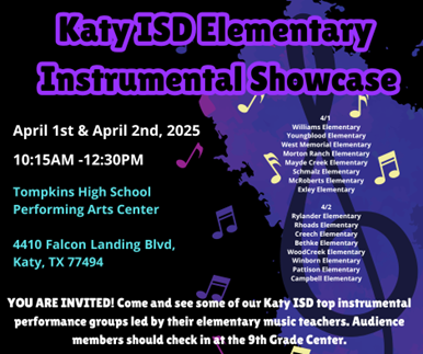 Katy ISD Elementary Instrumental Showcase on April 1 and 2 at 10:15am until 12:30pm at Tompkins HS Performing Arts Center